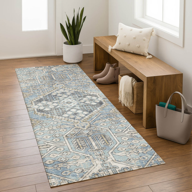 Premium Machine Washable Mayfield AMF2197 global Rug, Sky, 2'3" x 7'6" Runner