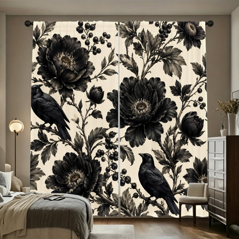 2 pièces de rideaux filtrant la lumière des oiseaux à motif floral rétro gothique, une esthétique esthétique romantique, une décoration élégante et foncée, un passe-tringle, des rideaux toutes saisons pour le salon, la chambre à coucher et le dortoir