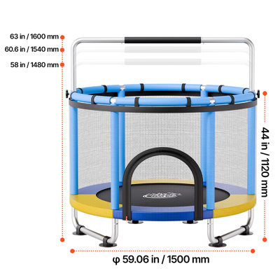 Trampoline 60 po pour enfants, mini trampoline pour tout-petits de 5 pi, jouets de jeu d'intérieur et extérieur de 132 lb avec filet d'enclos et barre de gymnastique réglable, jouets de Noël, cadeaux d'anniversaire pour filles garçons