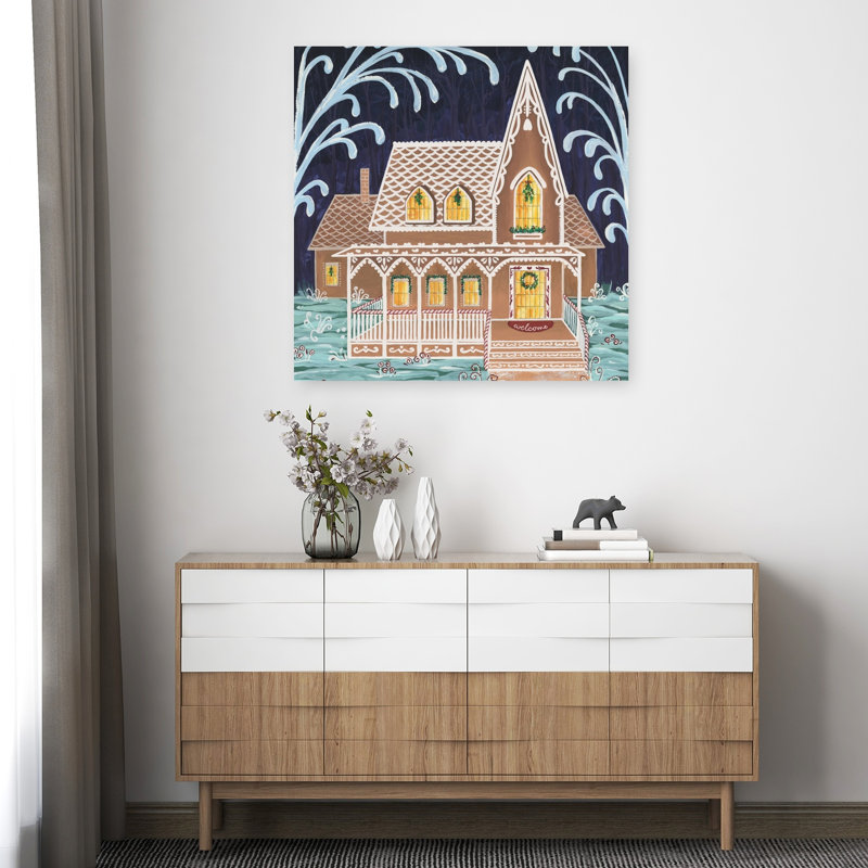 Whimsical Gingerbread House Whimsical Contemporary Winter Architecture Wall Art Print, 36" H x 36" W