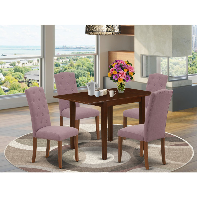 Ensemble de table de salle à manger 5 pièces comprenant une table de cuisine rectangulaire avec Dropleaf et 4 chaises de salle à manger Parsons en tissu Dahlia, acajou