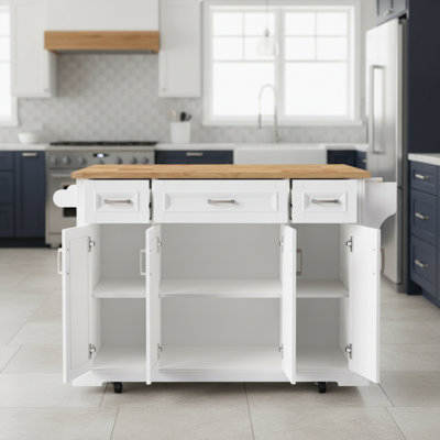 This White, Movable Kitchen Island Features A Folding Design With Multiple Drawers And Doors, Offering Ample Storage, And Is Both Aesthetically Pleasing And Practical.