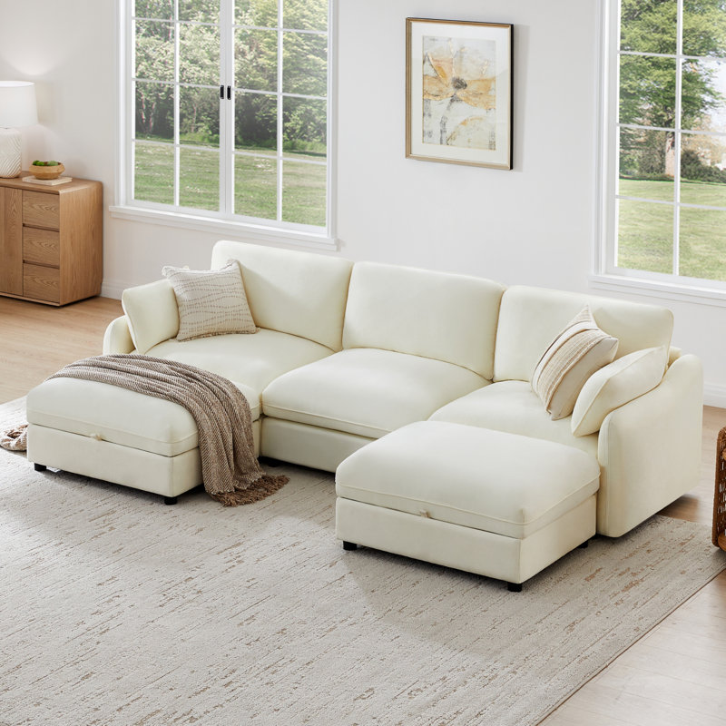 112" W 5 - Piece Modern Soft Upholstered Modular Sectional Sofa With 2 Ottomans, Linen Polyester