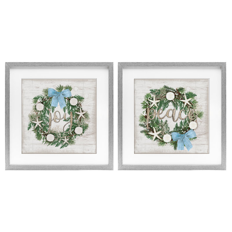 Coastal Peace & Joy Wreaths, ensemble de 2 reproductions encadrées sous verre, par Jennifer Pugh, H 16 po x l 16 po