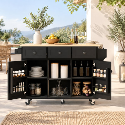 Îlot de cuisine extérieur, station de préparation en bois de sapin avec plateau en acier inoxydable, armoire de rangement, tiroir, tablettes ouvertes, porte-serviettes et roues verrouillables