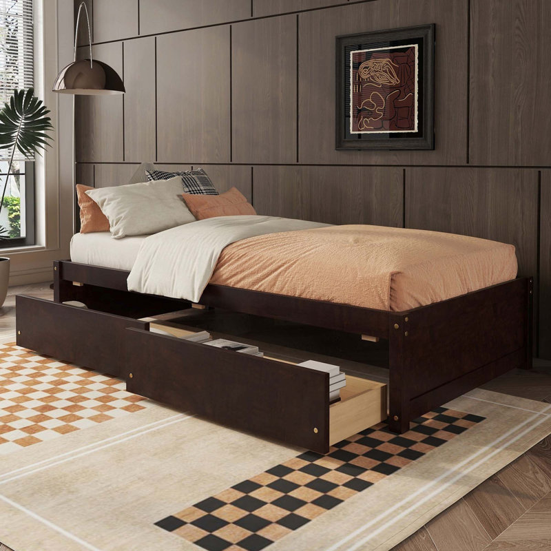 Twin Bed With 2 Drawers,Solid Wood,No Box Spring Needed, Espresso