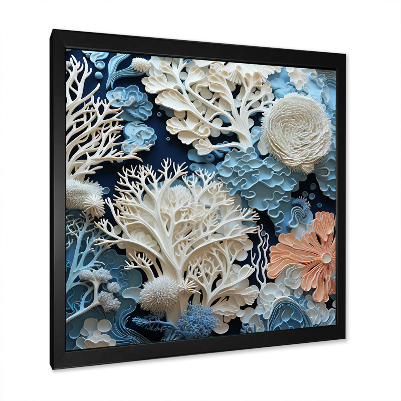 Under Water Blue and White Corals Collage I - Coastal, reproduction sur toile encadrée, Cadre simple noir