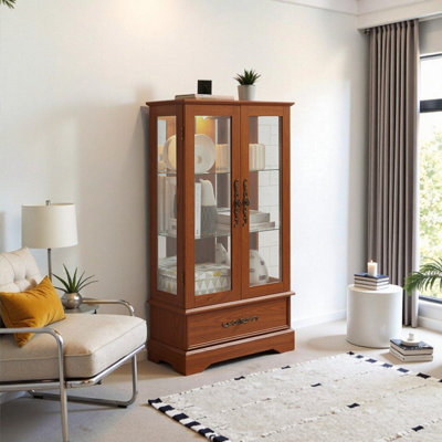 Lighted Curio Display Cabinet with Adjustable Shelves, 2-Door Glass Cabinet with Built-in Drawer and Bulb