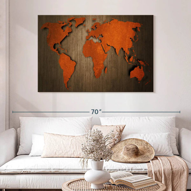 Ancienne carte du monde en bois Aliaz, H 32 po x l 48 po