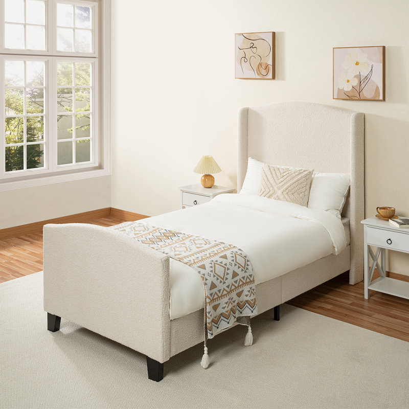 Bed Frame with High Back Upholstered Headboard, Twin, White