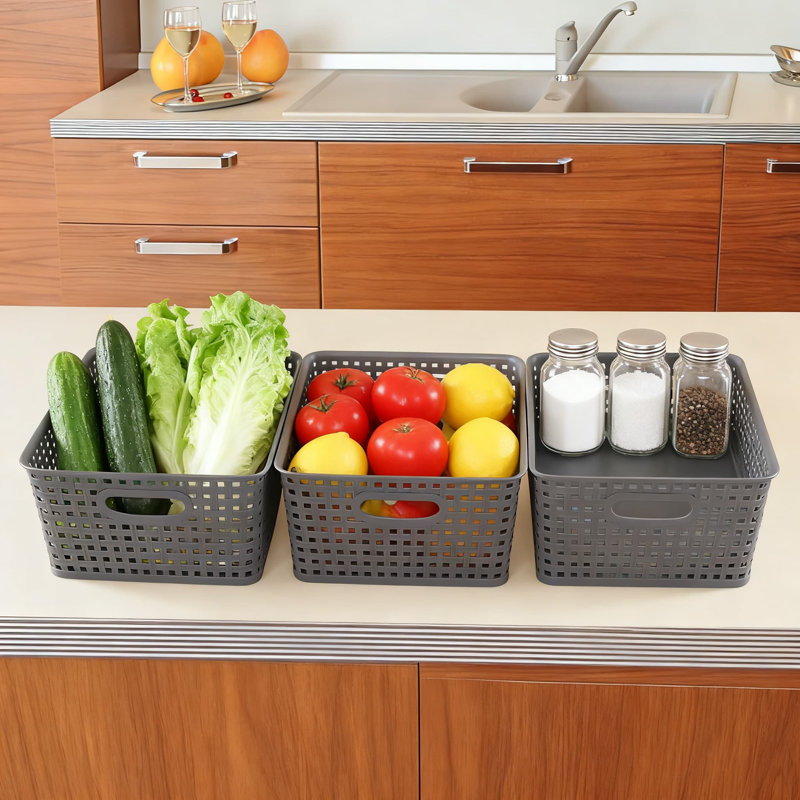 Plastic Storage Baskets With Handles, 4-Pack Sturdy Weave Design For Home Office Organization, Desktop, Cabinet, And Garage Shelving