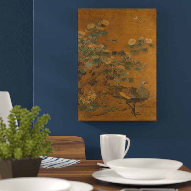 Oriental Peacock and Hollyhock by - Wrapped Canvas, 60cm H x 40cm W
