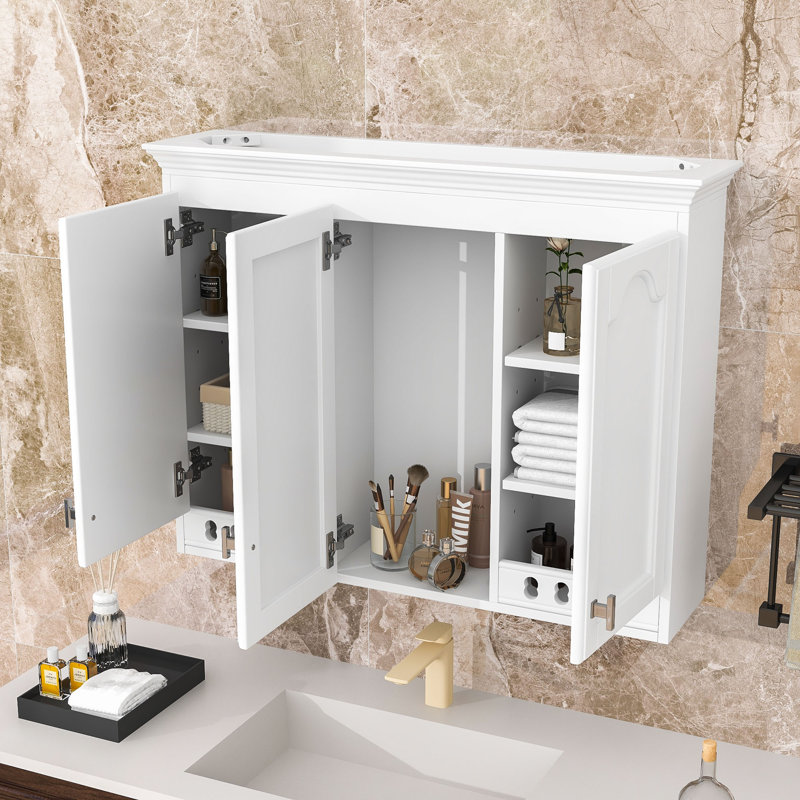 Armoire à miroir murale de 35 pouces avec tablettes réglables et charnières à fermeture en douceur, White