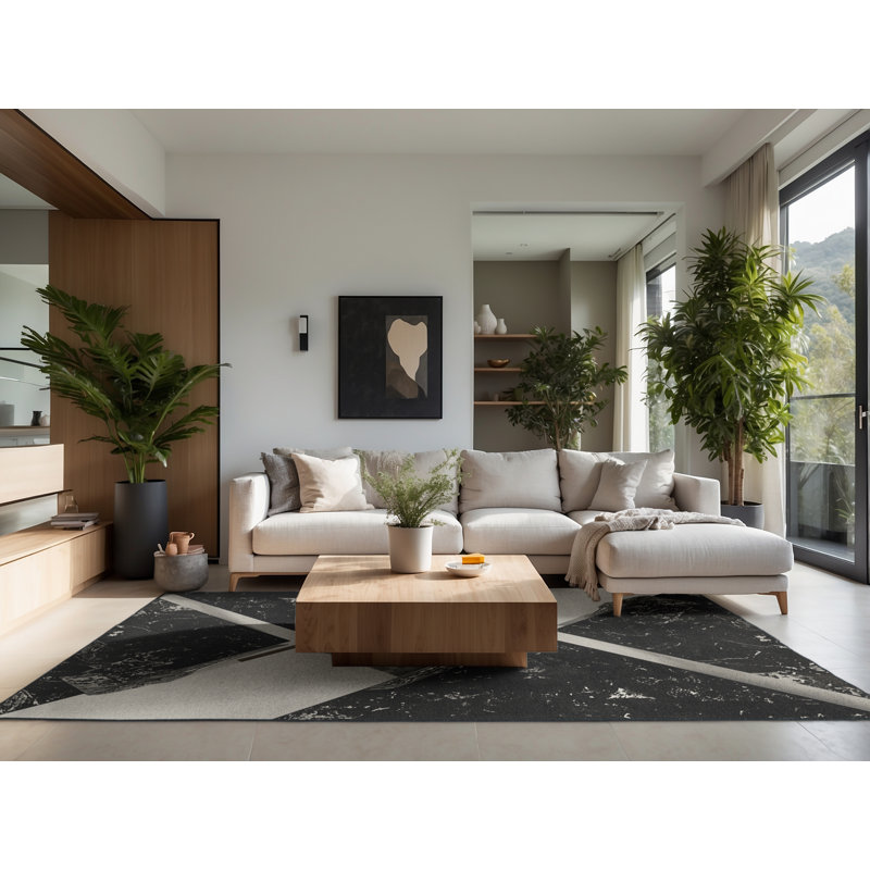 Soft Plush Eakes Modern Rustic Geometric Area Rug in Gray – Black Binding, 7x10