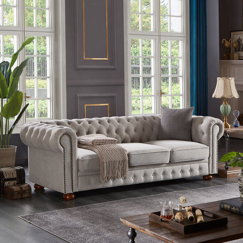 Canapé Chesterfield en tissu de lin, Gris clair
