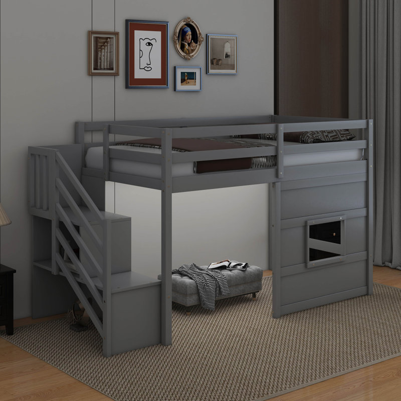 Twin Size Loft Bed With Storage Staircase And Window, Gray