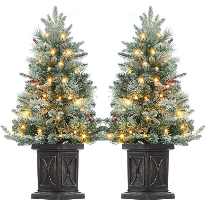 3 Ft Prelit Artificial Christmas Tress with 78 Warm White Lights, Brown Lamp Base, Snow Flocked Xmas Tree for Christmas, Bedroom, Window, Photography Decor