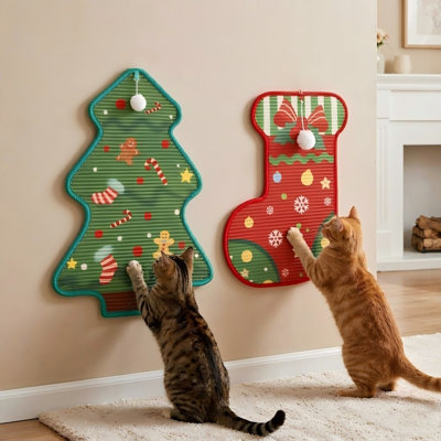 Ensemble de 2 grattoirs de Noël pour chat, griffoir mural pour chat en sisal, arbre et bas de Noël avec pompons, 21,7 po x 15 po et 19,7 po x 15 po, protecteur de meubles pour chats d'intérieur et chatons