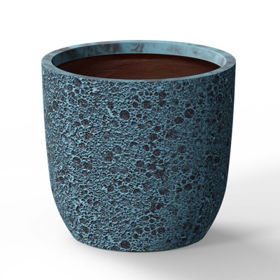 Jardinière / pot rond en béton de 14 po à motif de patine bleue moyenne (intérieur amélioré) avec trous de drainage
