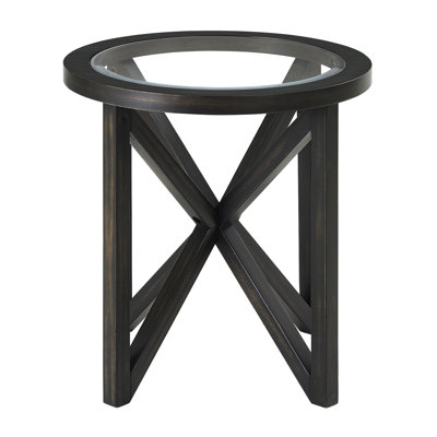 Table basse ronde contemporaine en verre avec trépied en bois de peuplier unique pour le salon, le bureau, le salon - taille 22 po, charge de 250 lb, chaleur et usure, pieds simples, café, club, attente