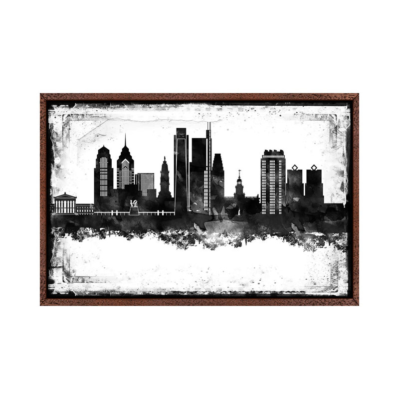 Philadelphia Black And White Framed Skylines - Print on Canvas, 101.6cm H x 152.4cm W x 3.81cm D, Classic Brown Wood Framed