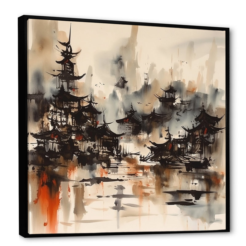 Ryansh, village japonais flou sur toile, H 16 po x l 16 po x P 1 po, Cadre flottant noir