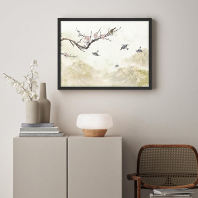 «Birds on Cherry Blossom Branch in Misty Mountain Landscape», affiche rustique encadrée