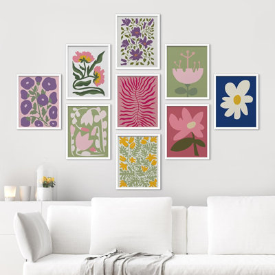Motif de tulipes multicolores et de marguerites colorées, nature, calme, bohème, floral abstrait, botanique, 9 pièces