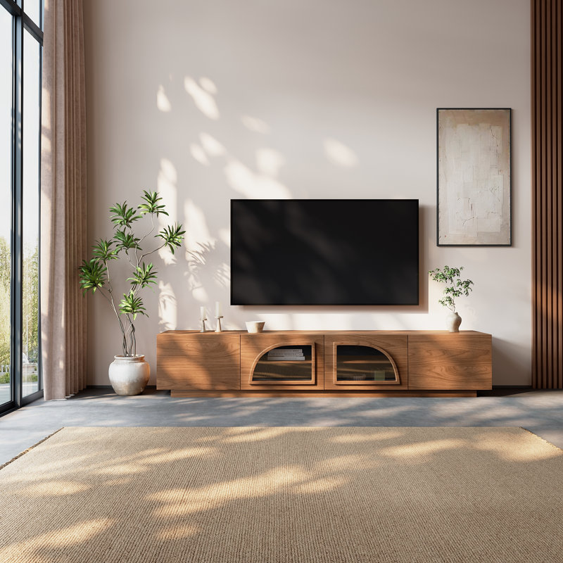 Meuble télé moderne en noyer de 240 cm (94,5 po) avec portes vitrées cintrées et rangement