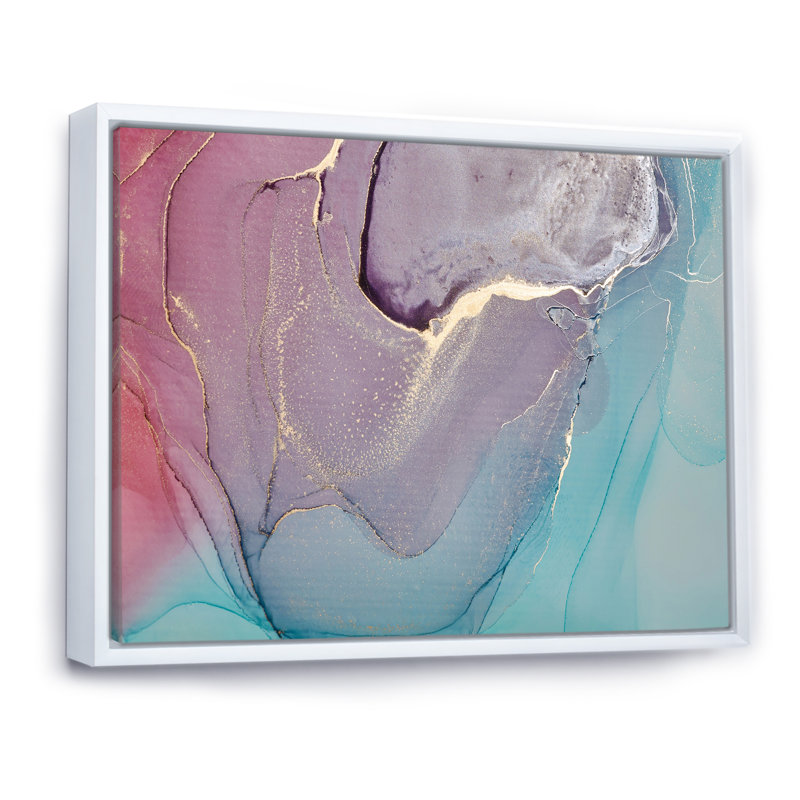 Turquoise et rouge, art liquide I - peinture sur toile, H 24 po x l 32 po, Toile à cadre flottant blanc