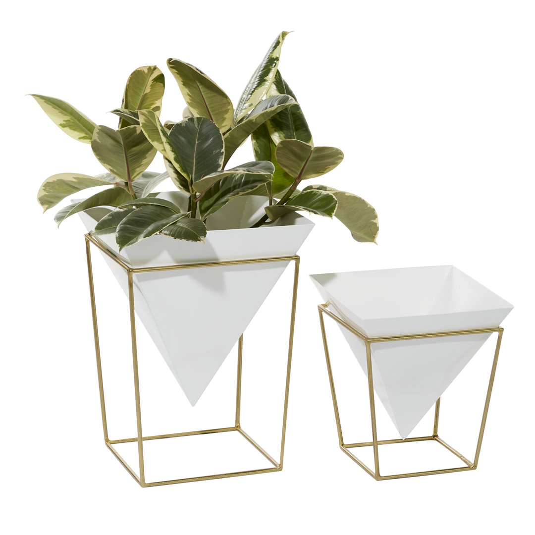 Geometric White Planters With Gold Metal Base, Set Of