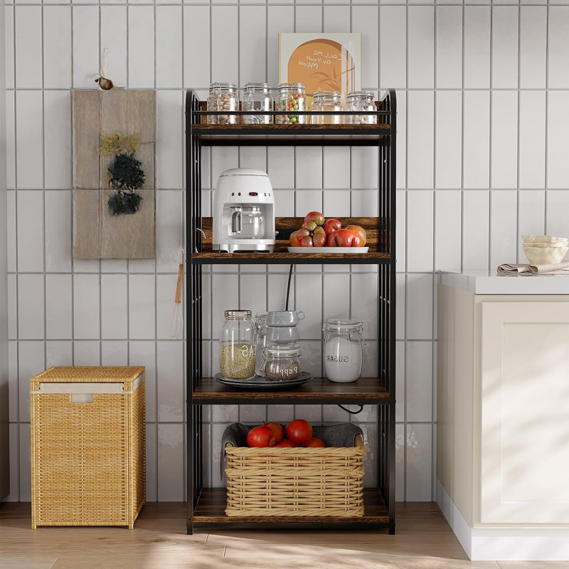 Adjustable 4-Tier Heavy Duty Kitchen Baker's Rack with Power Outlet, Free Standing Microwave Oven Cart Stand for Storage in Kitchen, Living Room, Garage