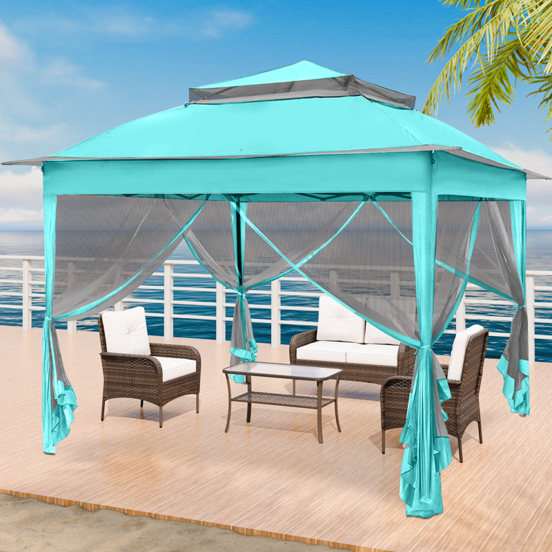 11 Ft. W x 11 Ft. D Outdoor Pop Up Soft Top Steel Patio Gazebo with Netting, Turquoise Blue