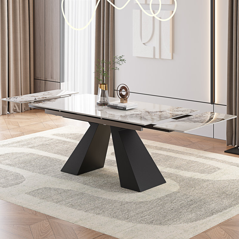 Table de salle à manger extensible de 63 à 94,5 po pour 8 à 10 personnes avec plateau en pierre frittée et base en métal
