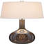 Lampe de table contemporaine en céramique ambrée avec abat-jour en lin, 74 cm de hauteur.
