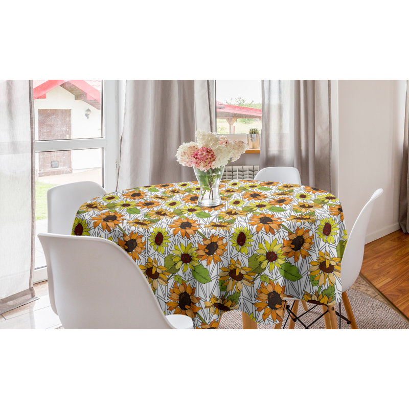 Ambesonne Orange And Yellow Round Tablecloth, Big Petal Sunflower Repetition On Grid, Circle Table Cloth Cover For Dining Room Kitchen Decoration, 60", Marigold And Multicolor