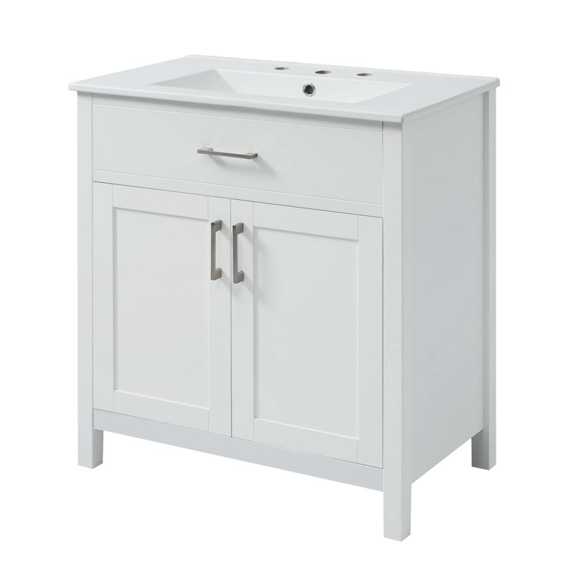 Meuble-lavabo de 30 pouces avec lavabo en céramique et beaucoup de rangement, Blanc / Blanc