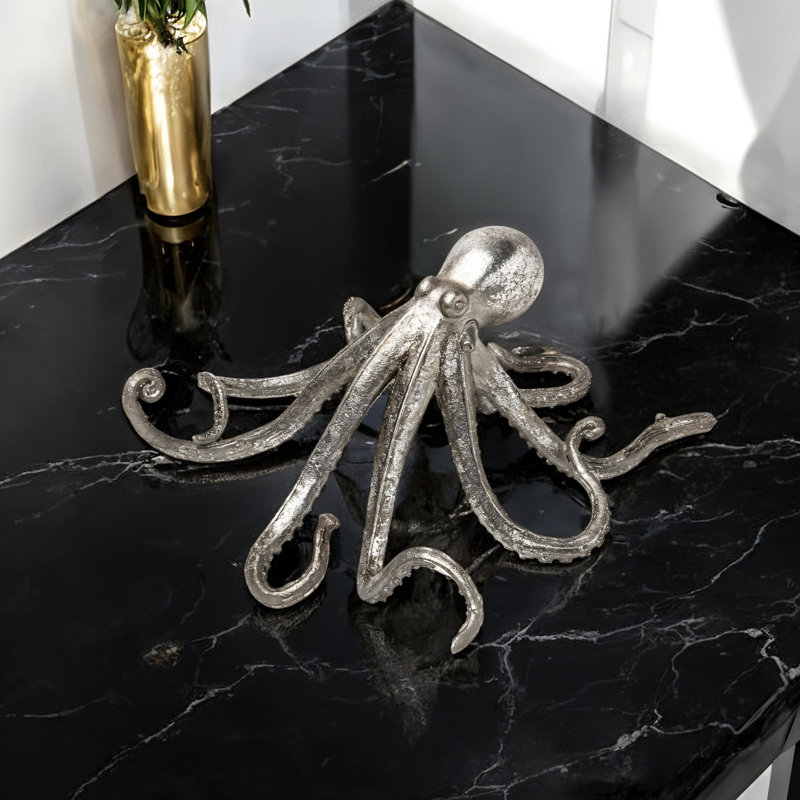 Louvenia Antiqued Silver Resin Octopus Tabletop Sculpture, 12" H x 7" W x 13" D