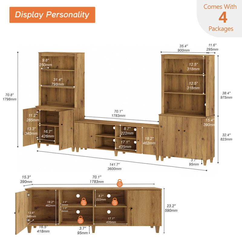 TV Stand And Bookcase Set With Cabinets & Shelves For 75" Tvs, Oak Brown