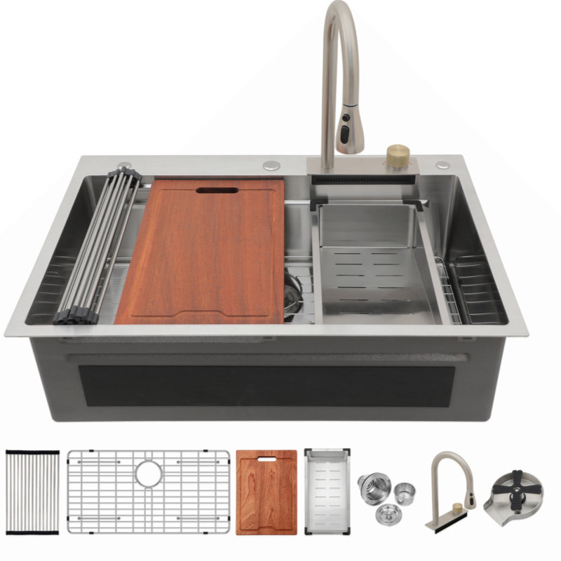 Évier de cuisine à cascade 33 po 33 po - éviers de cuisine à rebord à cuve simple en acier inoxydable de calibre 16 avec robinet coulissant et tasse