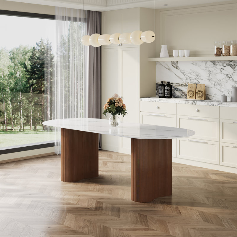 71" Modern Luxury Faux Marble 4-6 People Oval Dining Table, Double Roman Column Brown Legs Modern Minimalist Kitchen Table for Living Room Dining Room
