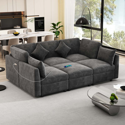 86,6 po Canapé modulaire Canapé modulaire en U Canapé-lit Canapé-lit en L avec repose-pieds mobile et deux ports USB pour le salon