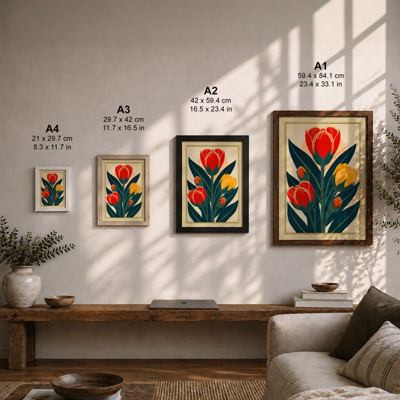 Tulip Triptych Art Deco - Framed Print, A1 - 84.1 x 59.4 cm, White