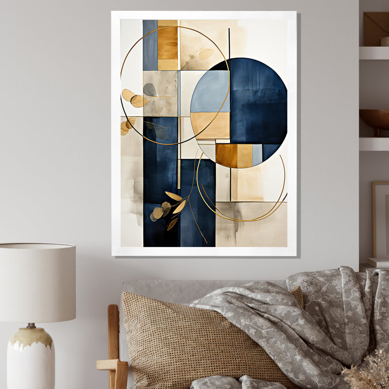 Impression sur toile géométrique moderne organique simple bleu marine I, H 32 po x l 16 po x P 1 po, Cadre simple blanc