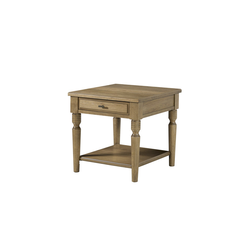 Table de bout de couleur amande, placage, un tiroir entièrement fini, pieds tournés classiques et tablette ouverte, hauteur 24,53 po, bois massif avec placages, boîte de tiroir, tablette inférieure intemporelle pour