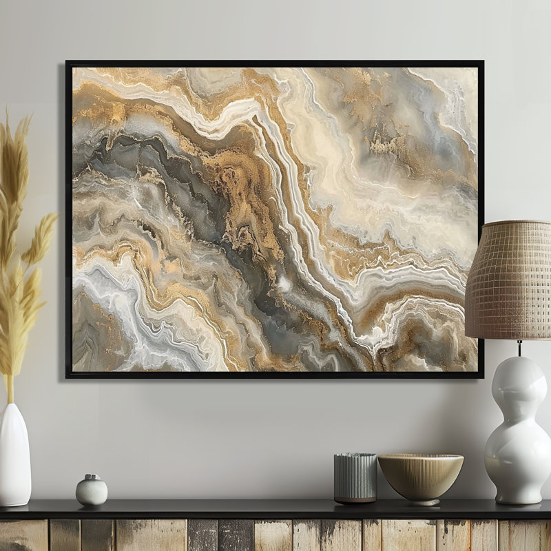 Art mural marbre gris subtil or gris, H 12 po x l 20 po x P 1 po, Toile avec cadre flottant noir
