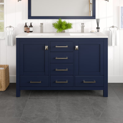 Meuble-lavabo double l 48 po x P 18 po Eviva London avec comptoir en quartz de Carrare et lavabos en porcelaine encastrable
