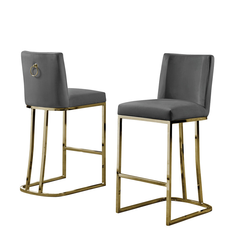 Tabouret de bar et de comptoir en velours Aurrin, Or, Gris foncé, Tabouret de comptoir (siège d'une hauteur de 26 p