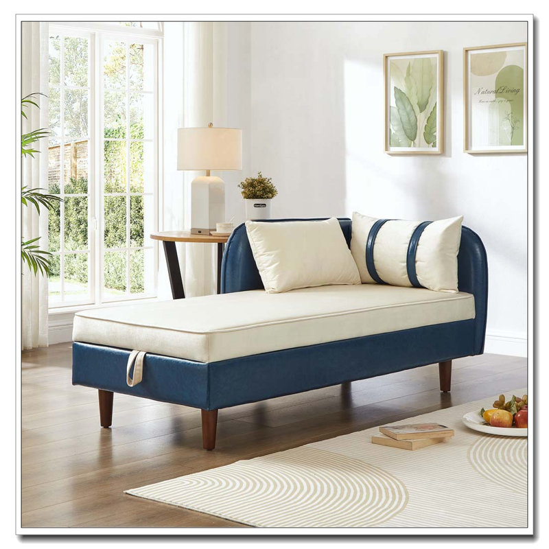 65" Storage Chaise Lounge chair, Beige et bleu