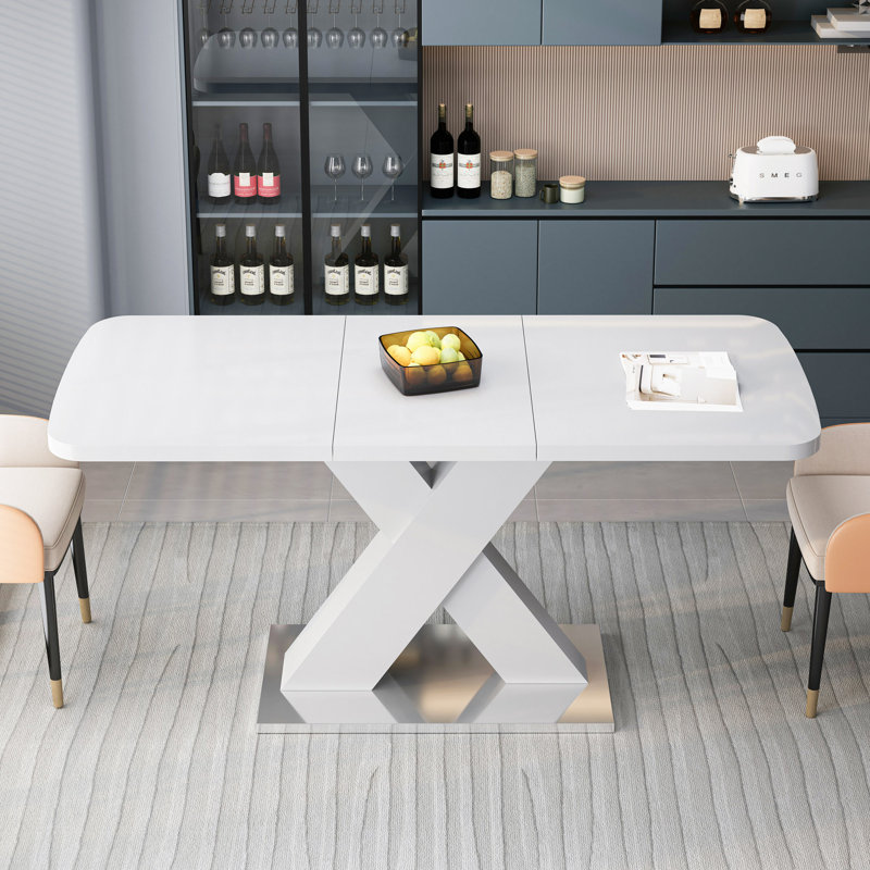 Table de salle à manger rectangulaire, extensible, plateau de table + pied de table en MDF en X avec base en métal